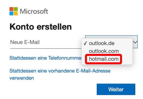 Sie können weiterhin ein E-Mail-Konto entwerfen oder ein altes Hotmail-Konto mit der Endung @hotmail.com verwenden. Hotmail erstellen.